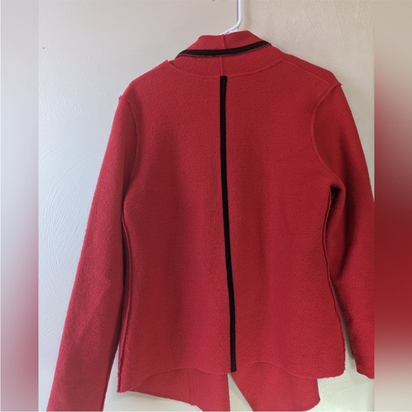 Chico's 100% wool red drape front cardigan sweater w/black trim, Size 1 (8-10) - Picture 4 of 10
